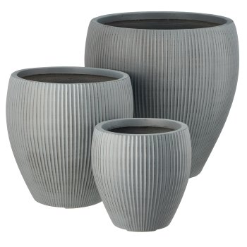 Fibreclay Vase bauchig, gerillt, 3er Set, grau, ca. 24x24x24/33x33x33/44x44x44cm