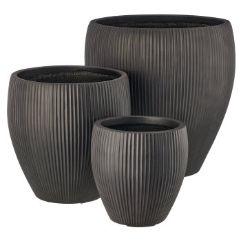 Fibreclay Vase bauchig, gerillt, 3er Set, schwarz, ca. 24x24x24/33x33x33/44x44x44cm