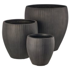 Fibreclay Vase bauchig, gerillt, 3er Set, schwarz, ca. 24x24x24/33x33x33/44x44x44cm