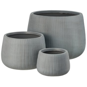 Fibreclay Übertopf bullig, gerillt, 3er Set, grau, ca. 24x24x16/34x34x24/50x50x36cm
