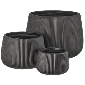 Fibreclay Übertopf bullig, gerillt, 3er Set, schwarz, ca. 24x24x16/34x34x24/50x50x36cm