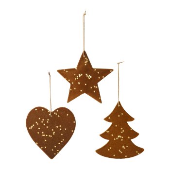 Wood Hanger 3 assorted with Velvet+Star Glitter, 7,5x8cm, Mustard