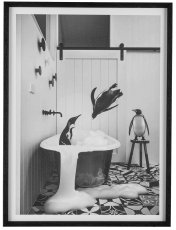 Canvas print in PS frame, 2 assorted JUMP PINGUIN 45x60x2,2cm, black