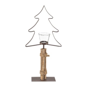 Metal Christmas Tree with Tealight Glass And Wooden Decoration, 27x10x58cm, Brown