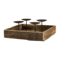 Wood Bowl Square W.4 Metal Candle Holder, 13x30x30cm, Natural