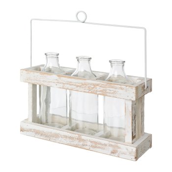 Wooden Box with 3 Glass Bottles And Handle, 28x9,5x16 cm/20cm, White