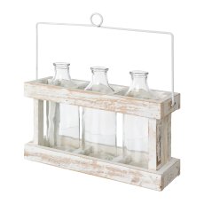 Wooden Box with 3 Glass Bottles And Handle, 28x9,5x16 cm/20cm, White