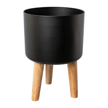Metal planter on wooden base, set of 2, 28x28x42/25x25x41cm, black, 2/Set