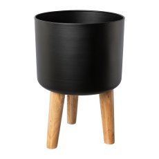 Metal planter on wooden base, set of 2, 28x28x42/25x25x41cm, black, 2/Set