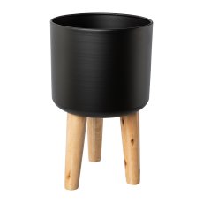 Metal planter on wooden base, set of 2, 28x28x42/25x25x41cm, black, 2/Set