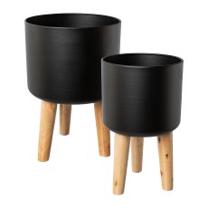Metal planter on wooden base, set of 2, 28x28x42/25x25x41cm, black, 2/Set