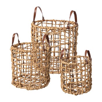 Bananenblatt Korb 3erSet m.Lederhenkel, 41x41x38/34x34x34/27x27x28cm,