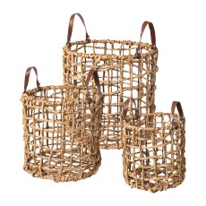 Bananenblatt Korb 3erSet m.Lederhenkel, 41x41x38/34x34x34/27x27x28cm,