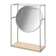 Metal Wall Shelf with Mirror And Wooden Inlay Odense, 36x15x51cm, Grey