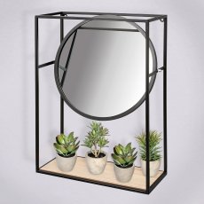 Metal Wall Shelf with Mirror And Wooden Inlay Odense, 36x15x51cm, Black