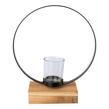 Metal ring object with glass on wood board, 20x7x23cm, black