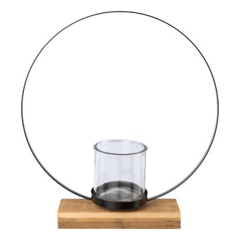 Metal ring object with glass on wooden board, 35x8x39cm, black