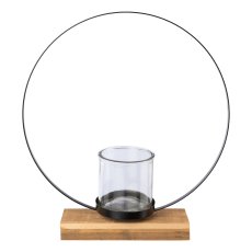 Metall Ring Objekt m.Glas auf Holz Board, 35x8x39cm, schwarz
