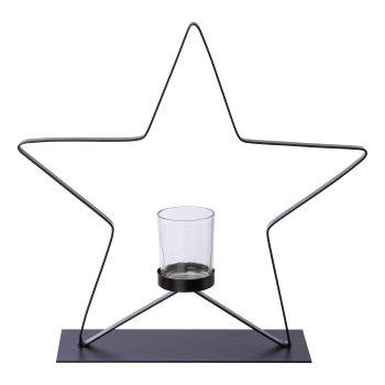 Metal star tea light holder w.glass OSLO, 30x8x28cm/glass 6,2x5cm, black