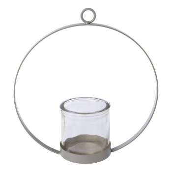Metall Ring Hänger Teelichthalter m.Glas OSLO, 22x8x23cm/Glas 8x8x8cm, grau