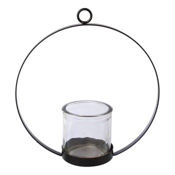 Metal ring candle holder with glass OSLO, 22x8x23cm/glass 8x8x8cm, black