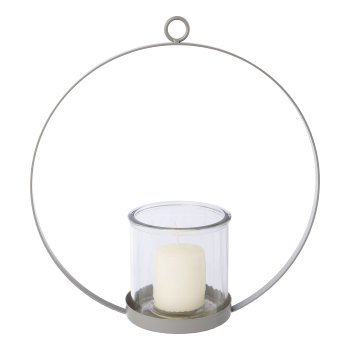Metal ring candle holder with glass OSLO, 27x10x28cm/glass 10x10x10cm, gray