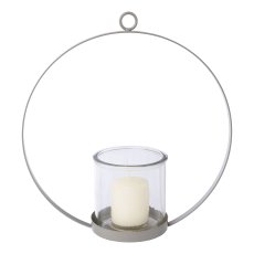 Metal ring candle holder with glass OSLO, 27x10x28cm/glass 10x10x10cm, gray