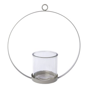Metal ring candle holder with glass OSLO, 27x10x28cm/glass 10x10x10cm, gray