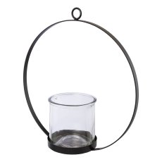 Metal ring pendant tea light holder w.glass OSLO, 27x10x28cm/glass 10x10x10cm, black