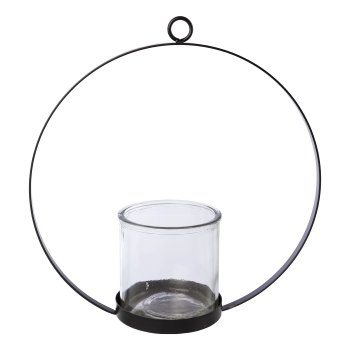 Metal ring pendant tea light holder w.glass OSLO, 27x10x28cm/glass 10x10x10cm, black