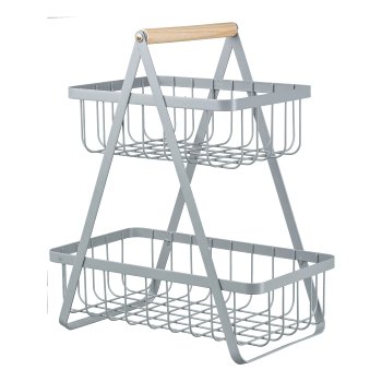 Metal basket 2-layer w. wooden handle KITTIE, 36x20x43cm, Grey