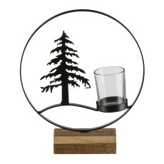 Metall Dekoobjekt, Baum in Ring, m.Teelichtglas, auf Holzfuß, 20x6x24cm, Schwarz