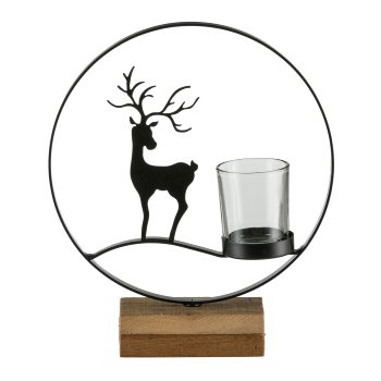 Metall Dekoobjekt Hirsch in Ring, m.Teelichtglas, auf Holzfuß, 20x6x24cm, Schwarz