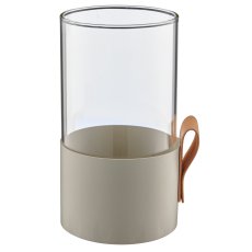 Metallwindlicht Glas mit Lederhenkel, 8,5x8,5x6cm, schlamm, Lepuro