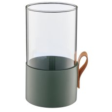 Metallwindlicht Glas mit Lederhenkel, 8,5x8,5x6cm, opalgrün, Lepuro