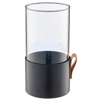 Metal lantern glass with leather handle, 10.5x10.5x8cm, black, Lepuro