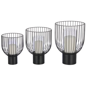 Metal vessel lantern with struts & glass insert, set of 3,