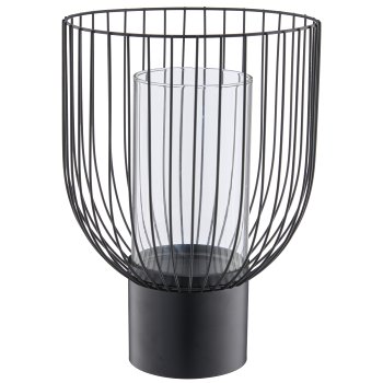 Metal vessel lantern with struts & glass insert, 25x25x35cm, black, Lepuro