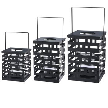 Metalllaterne mit Glas, 3erSet, 15x15x20/23x23x30/30x30x40cm,