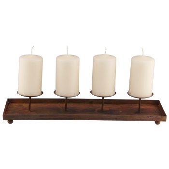 Metal tray with 4 candle holders, rectangular, 40x14cm, rust