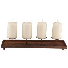 Metal tray with 4 candle holders, rectangular, 40x14cm, rust