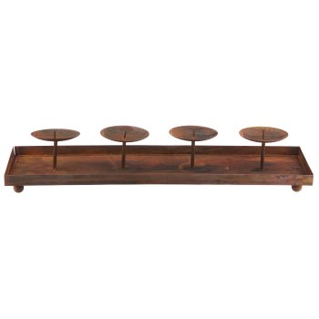 Metal tray with 4 candle holders, rectangular, 40x14cm, rust