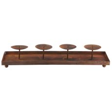 Metal tray with 4 candle holders, rectangular, 40x14cm, rust