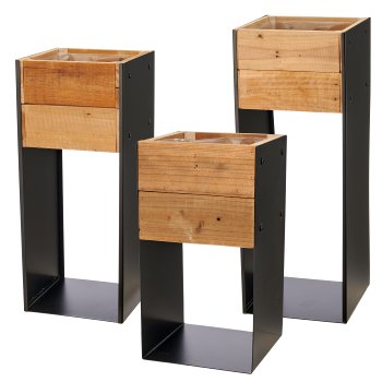 Metallgestell mit Holz Pflanzgefäß, 3er Set, 18x18x34/22x22x54/28x28x75cm,