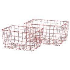 Metal wire basket, rectangular, set of 2, 30x20x16/36x25x18cm, pale pink