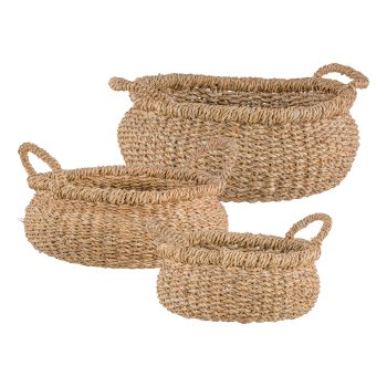Seagrass baskets flat, 27x28x14/33x30x16/40x35x18cm, set of 3, natural
