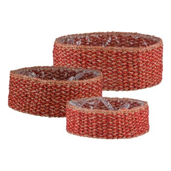 Seegras Körbe rund, 33x33x12/37x37x14/43x43x16cm, 3er Set, granat