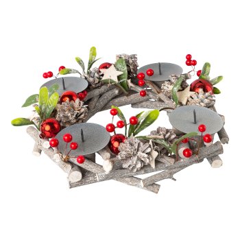 Christmas arrangement wreath w.4 candle plates, 30x7cm, red