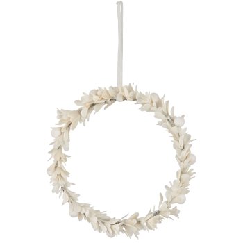 Foam decorative ring mistletoe leaf with velvet cover, 18x18x3cm, natural white