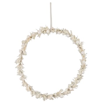 Foam decorative ring mistletoe leaf with velvet cover, 28x28x3cm, natural white